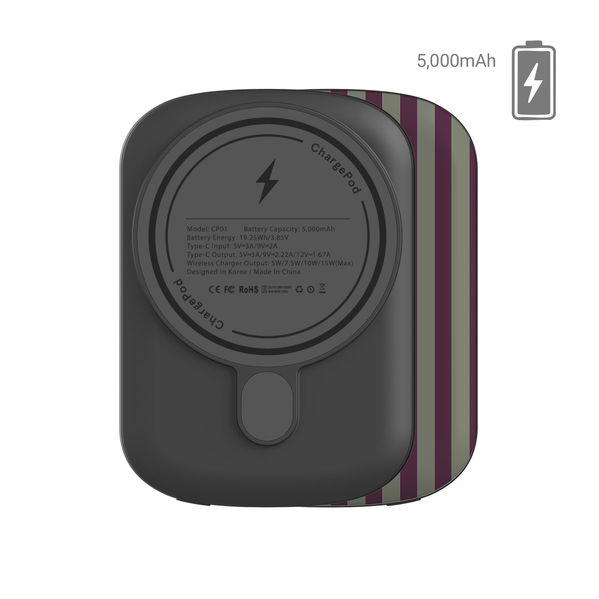 Mulberry Ticking power bank with fine sage green and berry-plum vertical ticking stripes.