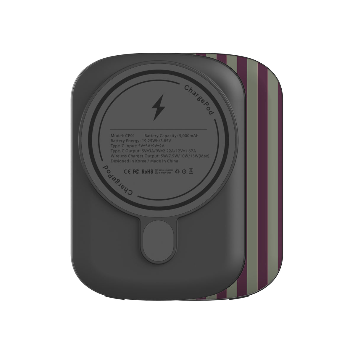 Mulberry Ticking power bank with fine sage green and berry-plum vertical ticking stripes.