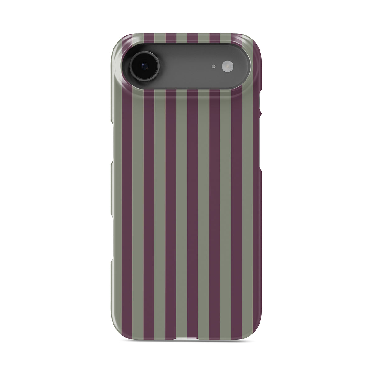 Mulberry Ticking Snap phone case with fine sage green and berry-plum vertical ticking stripes.