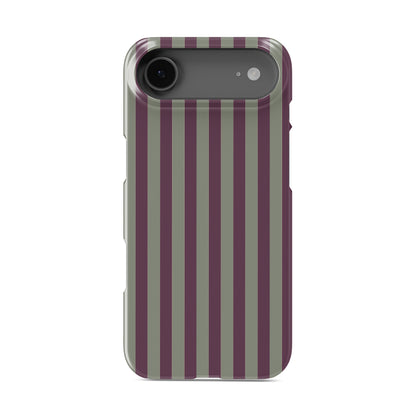 Mulberry Ticking Snap phone case with fine sage green and berry-plum vertical ticking stripes.