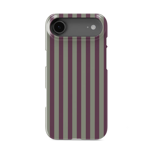 Mulberry Ticking Snap phone case with fine sage green and berry-plum vertical ticking stripes.