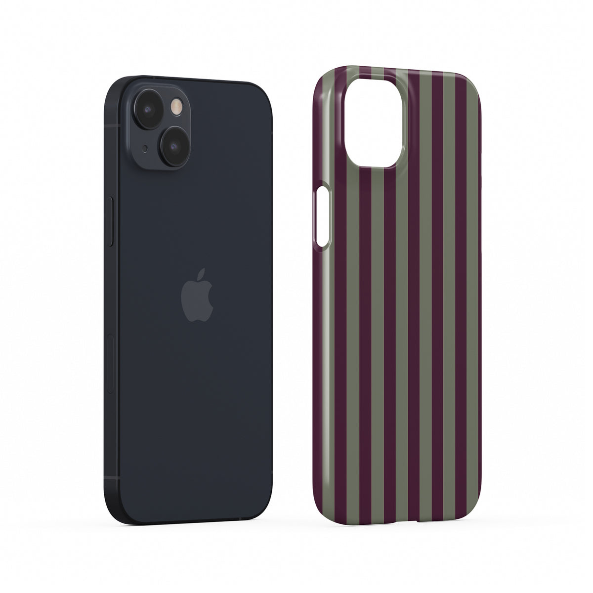 Mulberry Ticking Snap phone case with fine sage green and berry-plum vertical ticking stripes.