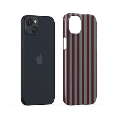 Mulberry Ticking Snap phone case with fine sage green and berry-plum vertical ticking stripes.