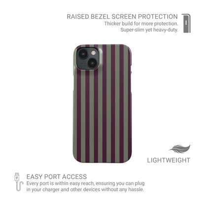 Mulberry Ticking Snap phone case with fine sage green and berry-plum vertical ticking stripes.