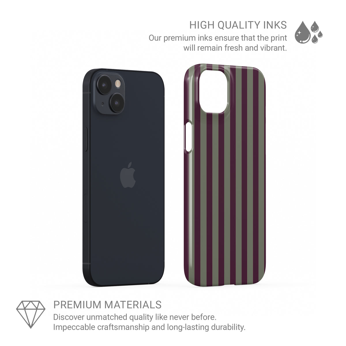 Mulberry Ticking Snap phone case with fine sage green and berry-plum vertical ticking stripes.