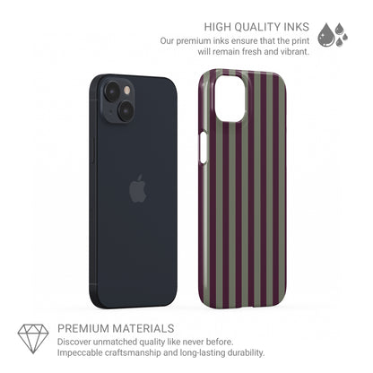 Mulberry Ticking Snap phone case with fine sage green and berry-plum vertical ticking stripes.