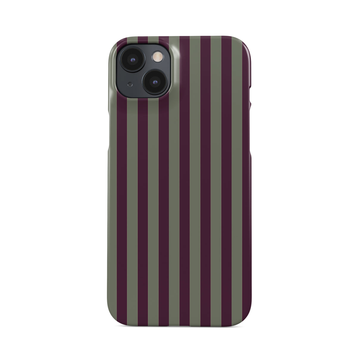 Mulberry Ticking Snap phone case with fine sage green and berry-plum vertical ticking stripes.