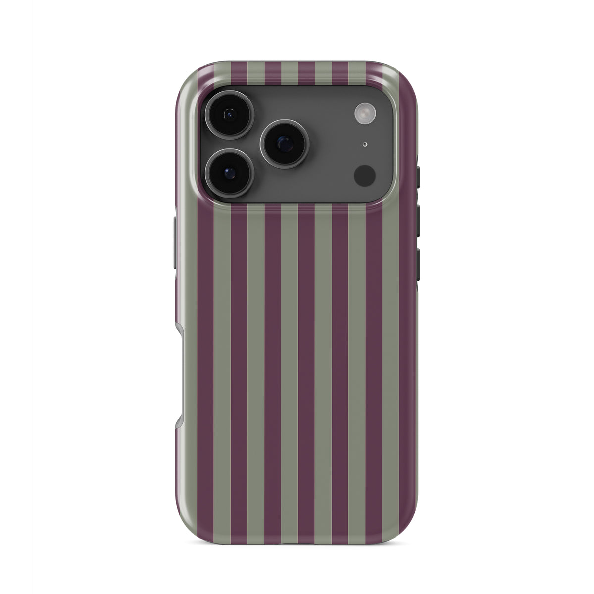 Mulberry Ticking Tough phone case with fine sage green and berry-plum vertical ticking stripes.