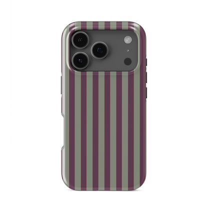 Mulberry Ticking Tough phone case with fine sage green and berry-plum vertical ticking stripes.