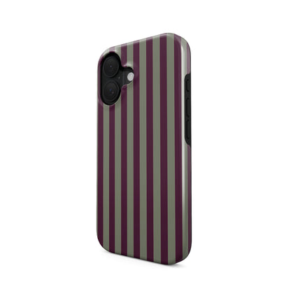 Mulberry Ticking Tough phone case with fine sage green and berry-plum vertical ticking stripes.