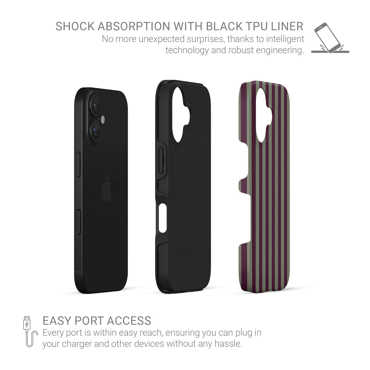 Mulberry Ticking Tough phone case with fine sage green and berry-plum vertical ticking stripes.