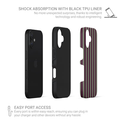 Mulberry Ticking Tough phone case with fine sage green and berry-plum vertical ticking stripes.