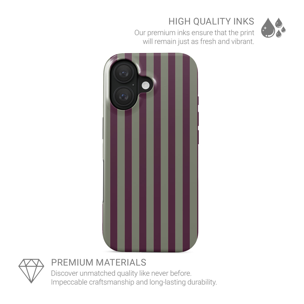 Mulberry Ticking Tough phone case with fine sage green and berry-plum vertical ticking stripes.