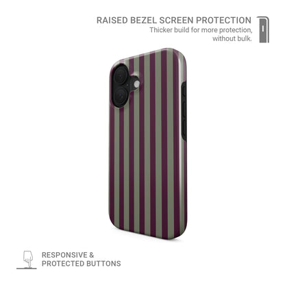 Mulberry Ticking Tough phone case with fine sage green and berry-plum vertical ticking stripes.