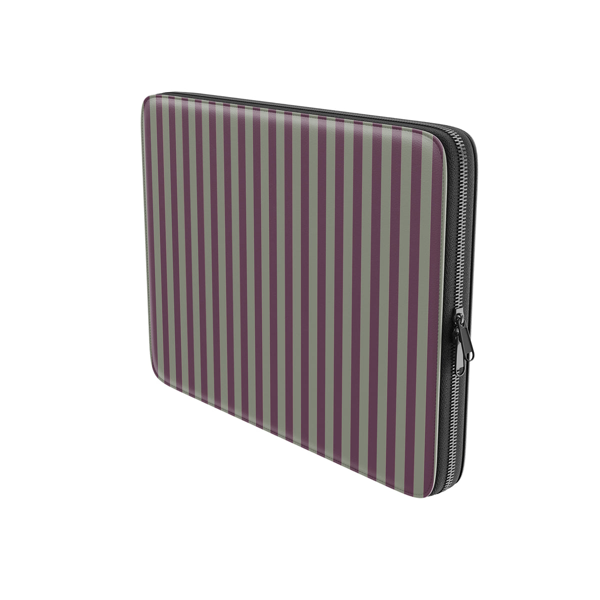 Mulberry Ticking laptop sleeve with muted plum and sage green stripes in a vintage-inspired heritage pattern.