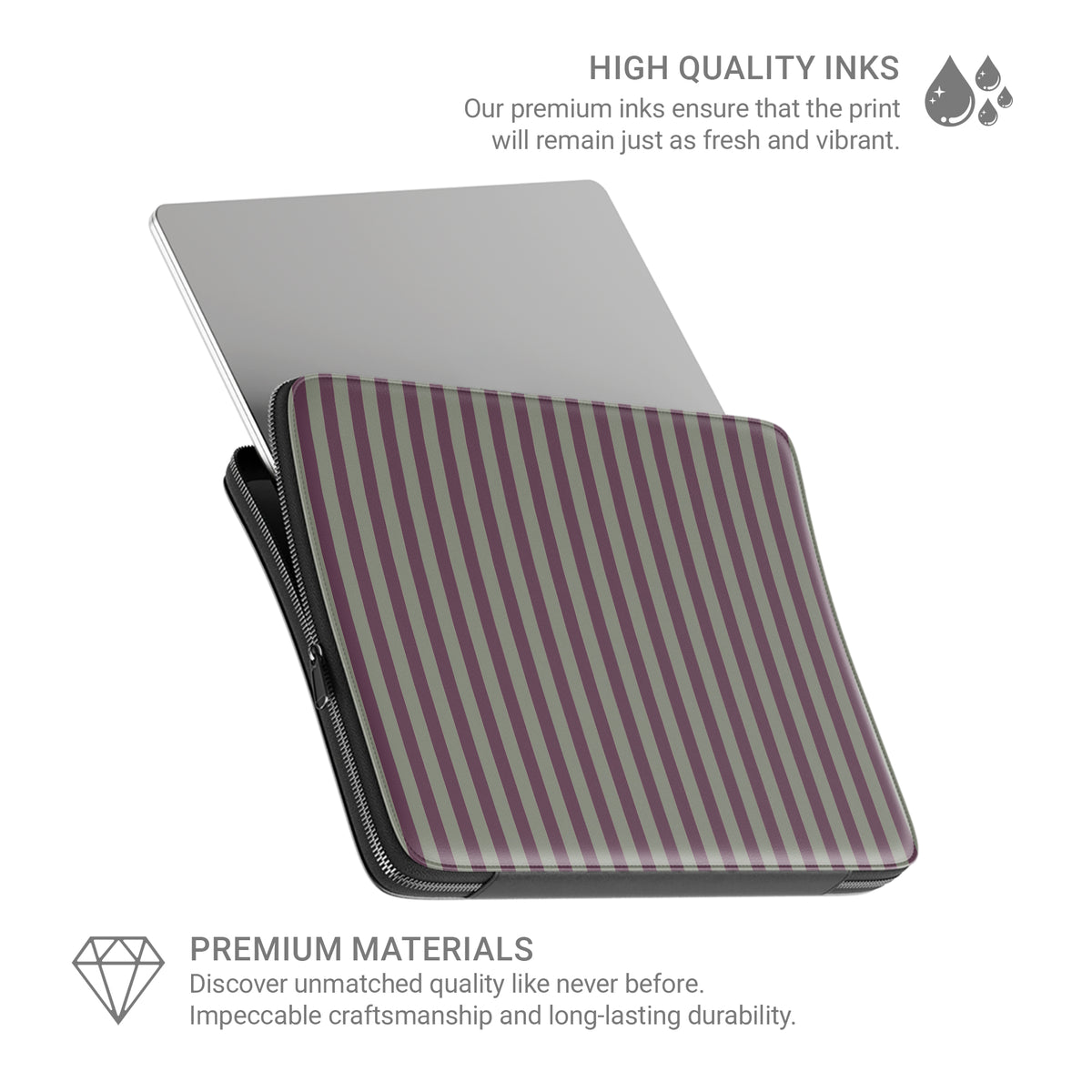 Mulberry Ticking laptop sleeve with muted plum and sage green stripes in a vintage-inspired heritage pattern.