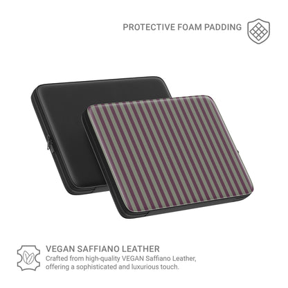Mulberry Ticking laptop sleeve with muted plum and sage green stripes in a vintage-inspired heritage pattern.