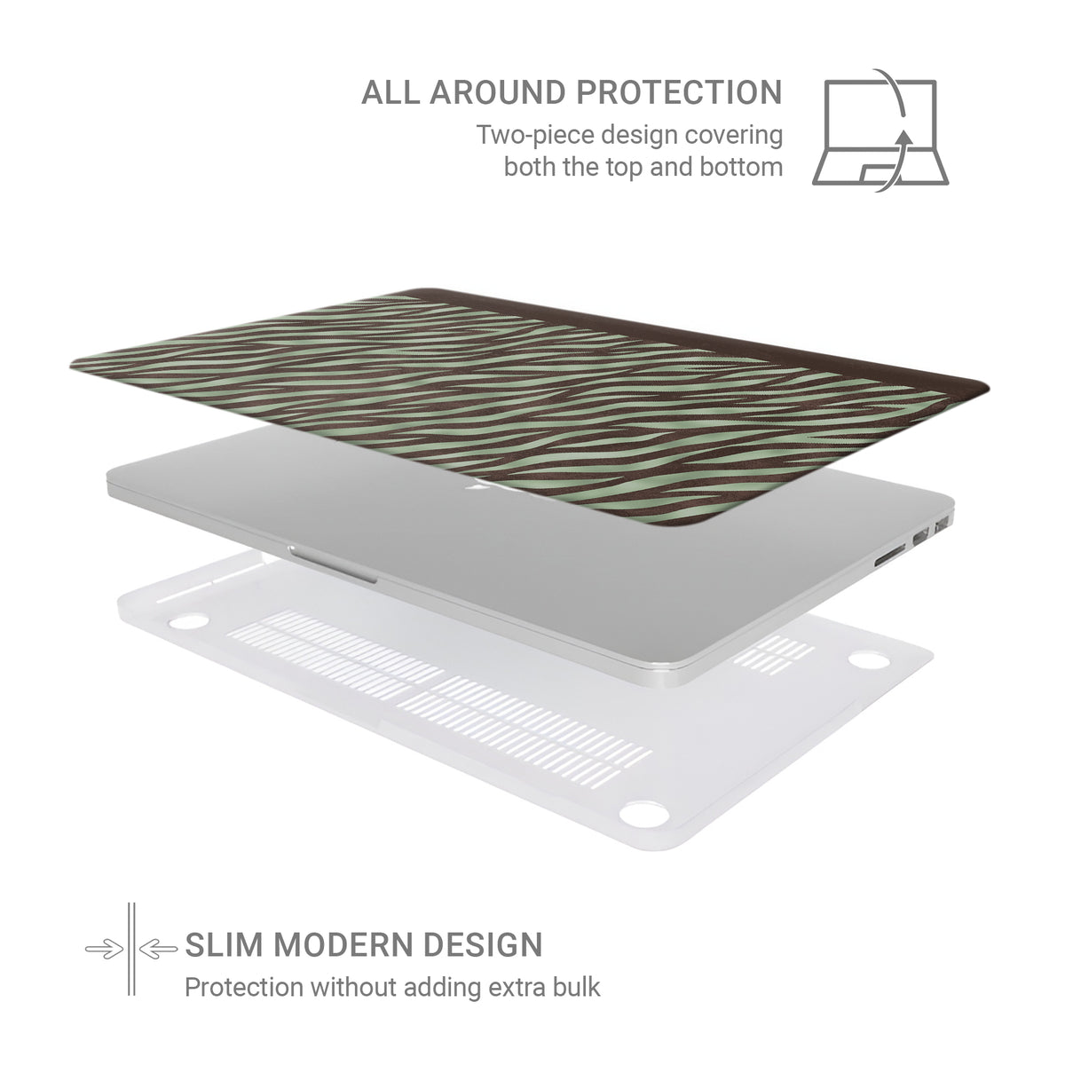 Pistachio Mane MacBook Case with chocolate zebra stripes on pistachio green from the Wild Atelier collection.
