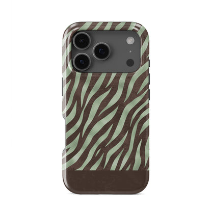Pistachio Mane Tough Phone Case with chocolate zebra stripes on pistachio green from the Wild Atelier collection.
