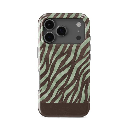Pistachio Mane Tough Phone Case with chocolate zebra stripes on pistachio green from the Wild Atelier collection.
