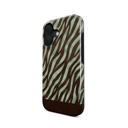 Pistachio Mane Tough Phone Case with chocolate zebra stripes on pistachio green from the Wild Atelier collection.
