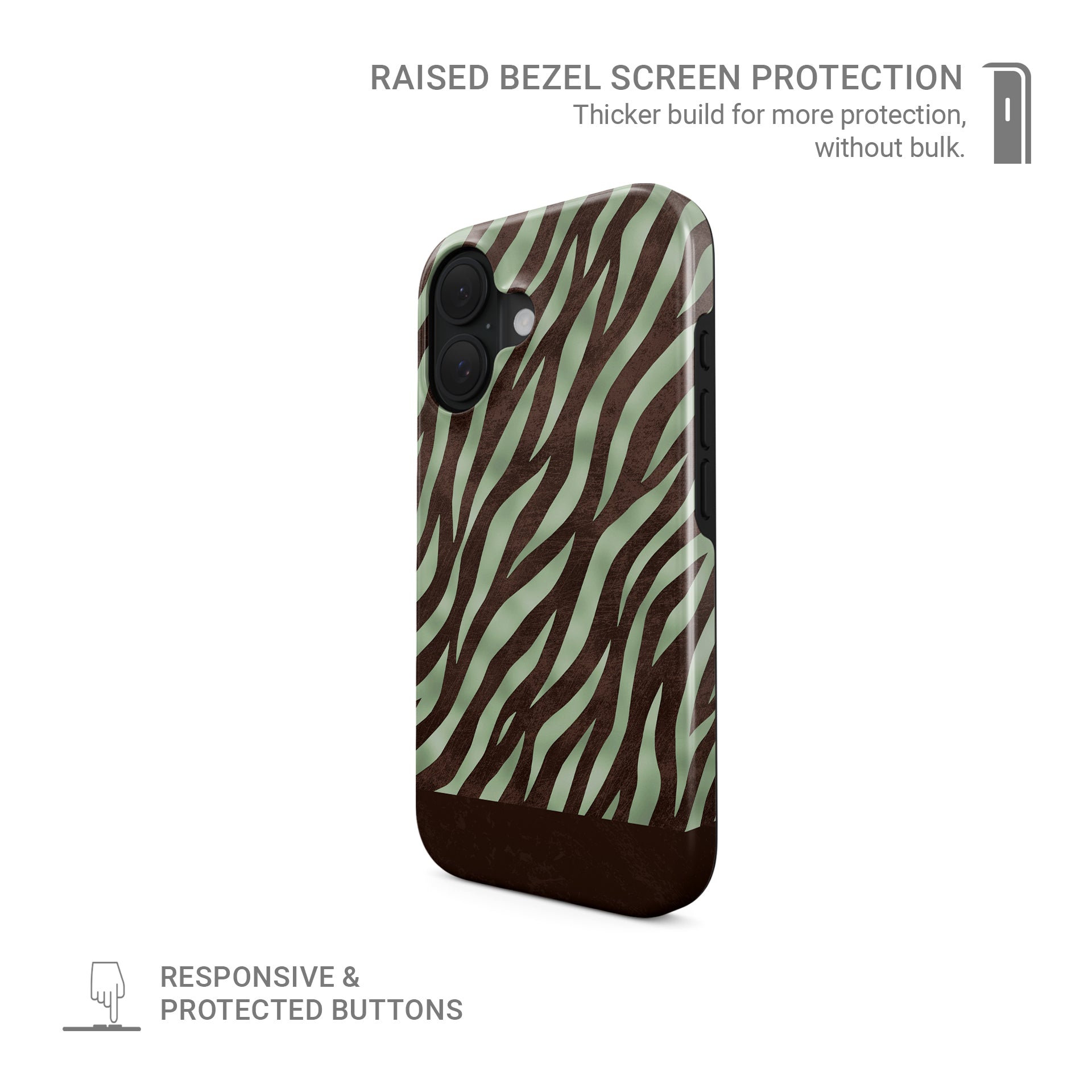 Pistachio Mane Tough Phone Case with chocolate zebra stripes on pistachio green from the Wild Atelier collection.

