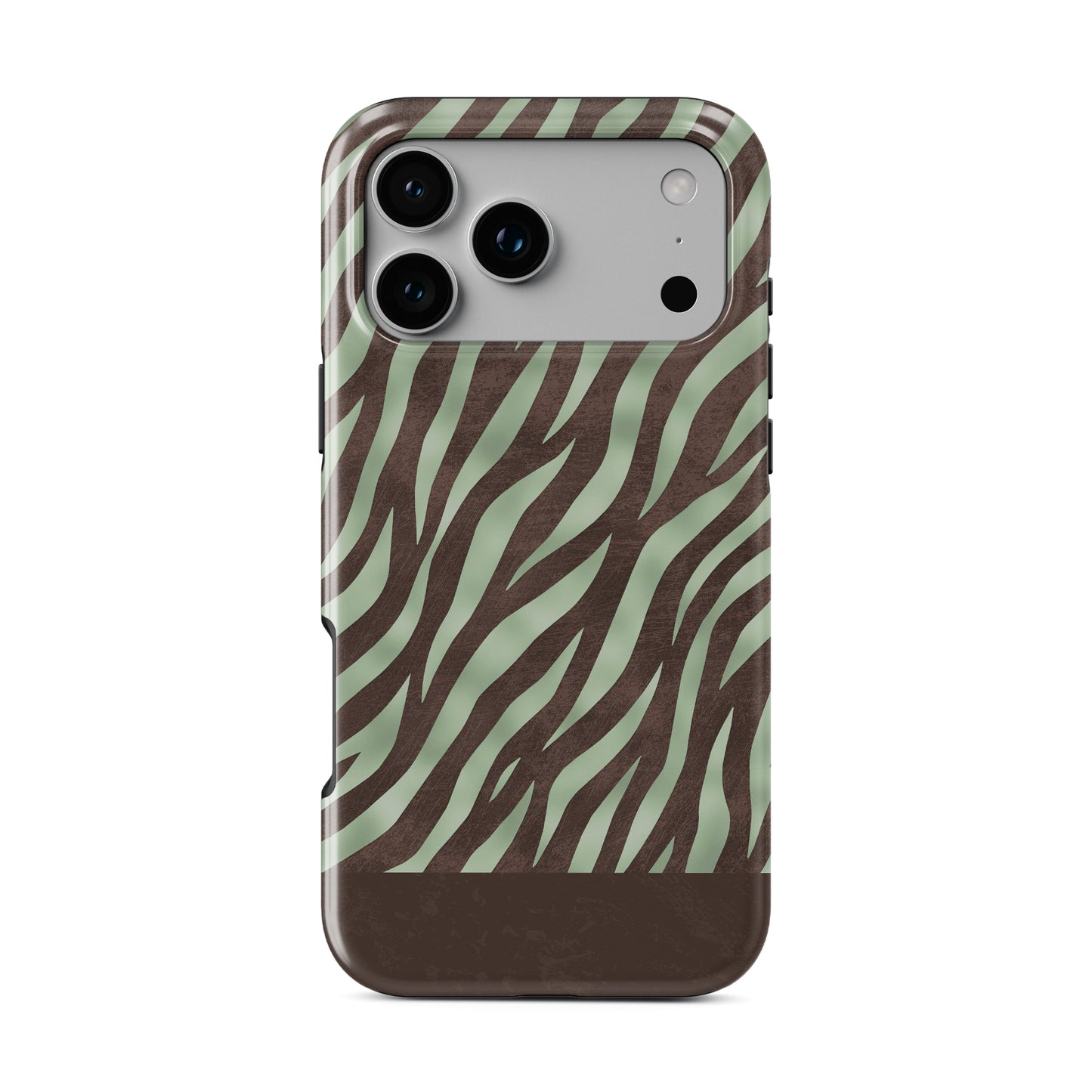 Pistachio Mane MagSafe Tough Phone Case with chocolate zebra stripes on pistachio green from the Wild Atelier collection.
