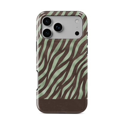 Pistachio Mane MagSafe Tough Phone Case with chocolate zebra stripes on pistachio green from the Wild Atelier collection.
