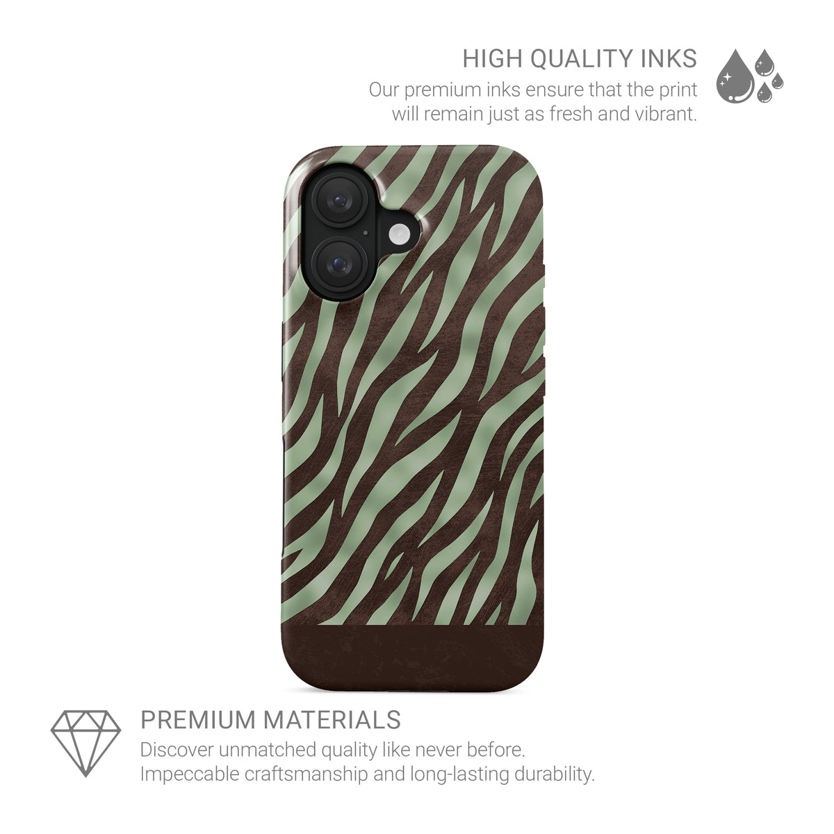 Pistachio Mane MagSafe Tough Phone Case with chocolate zebra stripes on pistachio green from the Wild Atelier collection.
