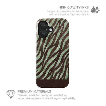 Pistachio Mane MagSafe Tough Phone Case with chocolate zebra stripes on pistachio green from the Wild Atelier collection.
