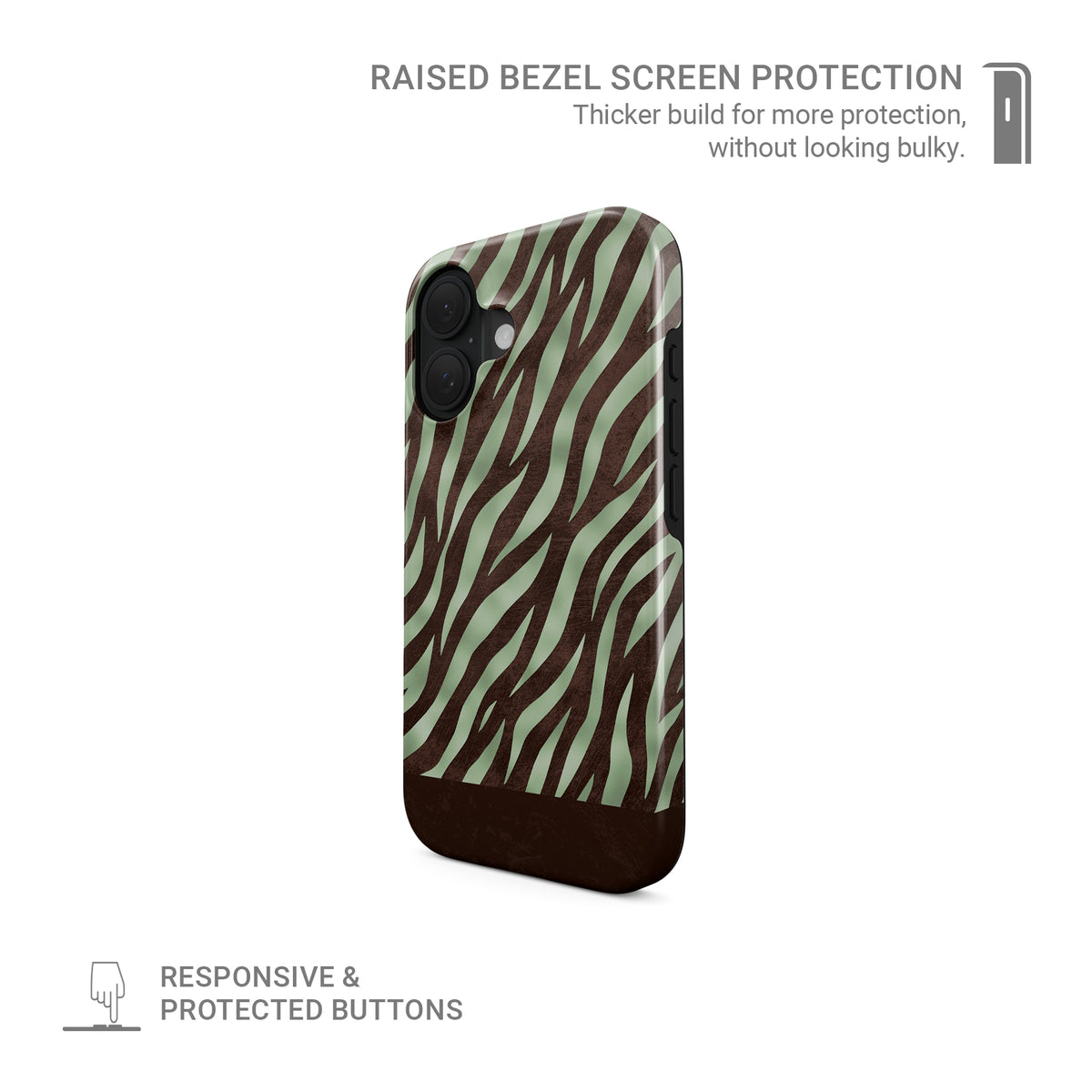 Pistachio Mane MagSafe Tough Phone Case with chocolate zebra stripes on pistachio green from the Wild Atelier collection.
