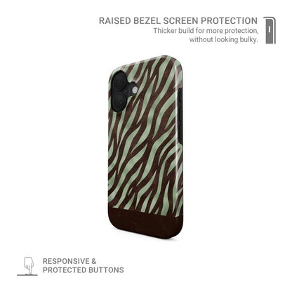 Pistachio Mane MagSafe Tough Phone Case with chocolate zebra stripes on pistachio green from the Wild Atelier collection.
