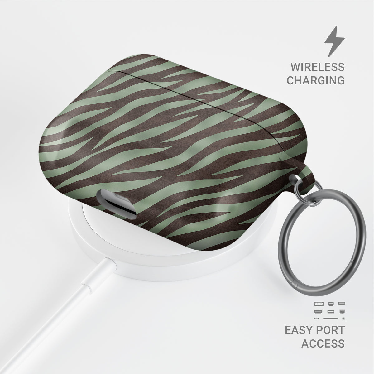 Pistachio Mane AirPods Case with chocolate zebra stripes on pistachio green from the Wild Atelier collection.