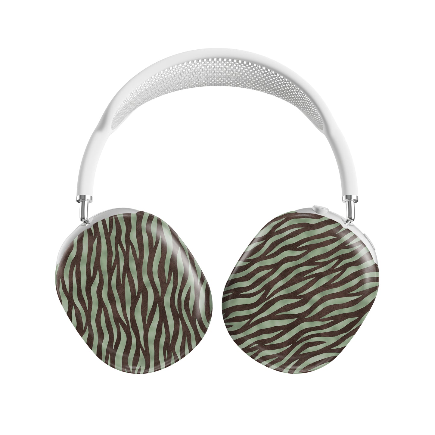 Pistachio Mane AirPods Max Covers with chocolate zebra stripes on pistachio green from the Wild Atelier collection.
