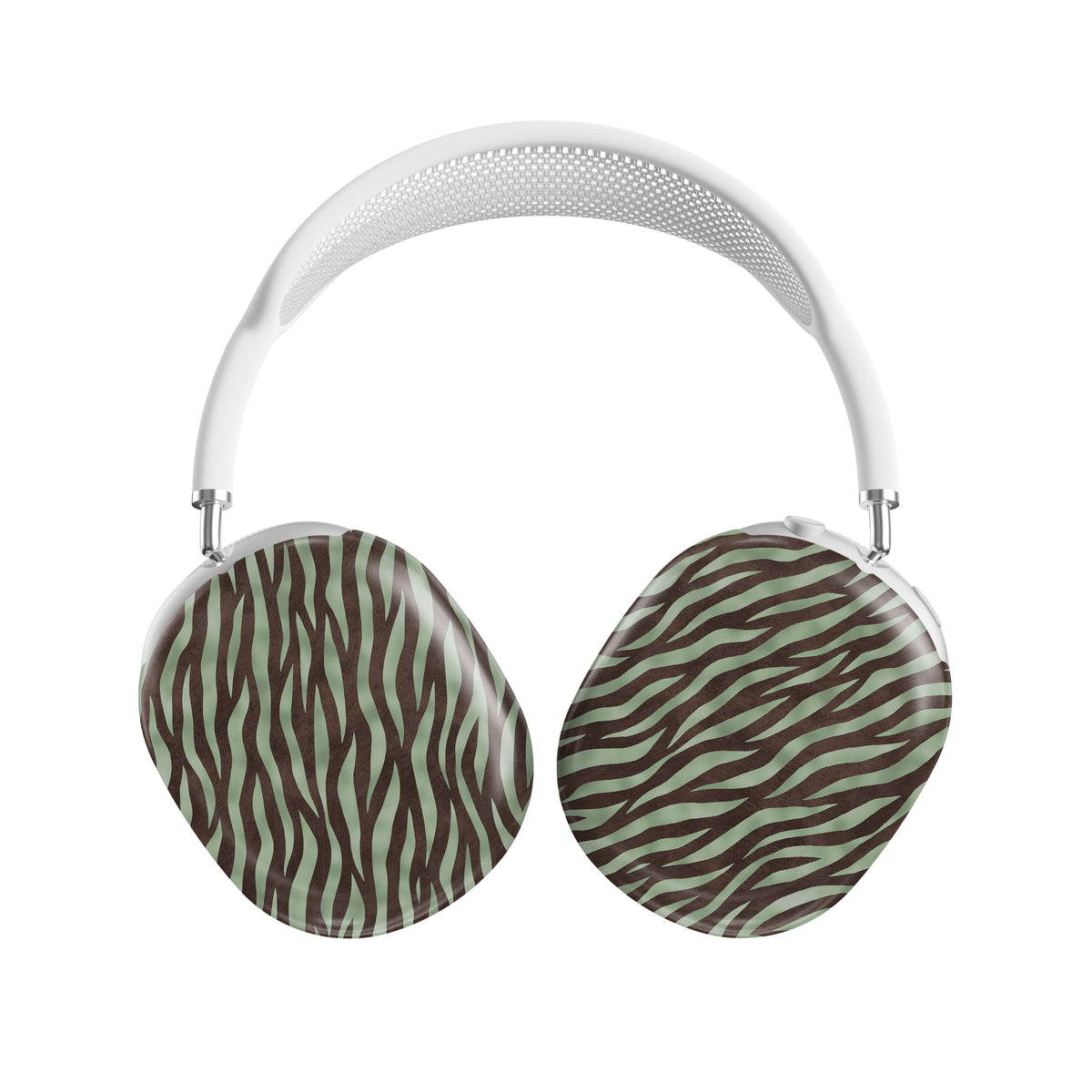 Pistachio Mane AirPods Max Covers with chocolate zebra stripes on pistachio green from the Wild Atelier collection.
