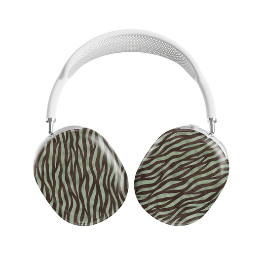 Pistachio Mane AirPods Max Covers with chocolate zebra stripes on pistachio green from the Wild Atelier collection.
