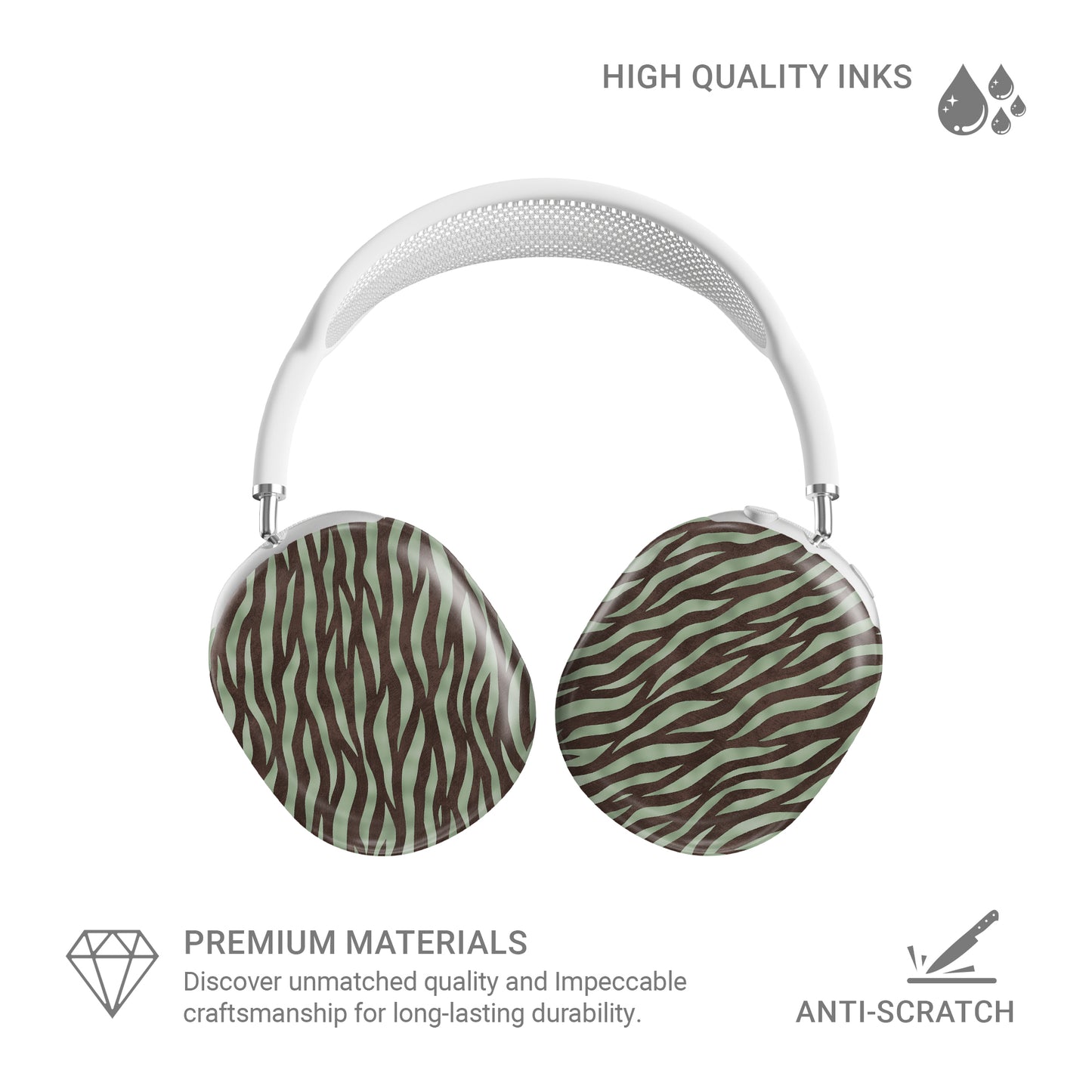 Pistachio Mane AirPods Max Covers with chocolate zebra stripes on pistachio green from the Wild Atelier collection.
