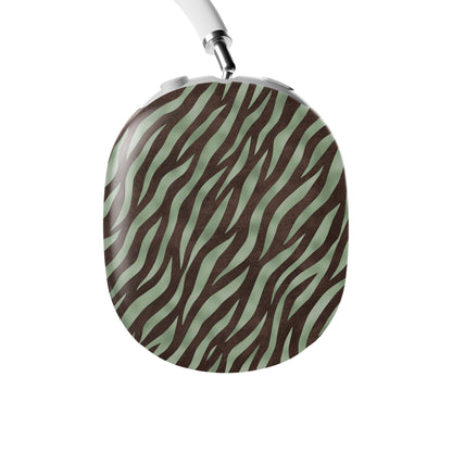 Pistachio Mane AirPods Max Covers with chocolate zebra stripes on pistachio green from the Wild Atelier collection.
