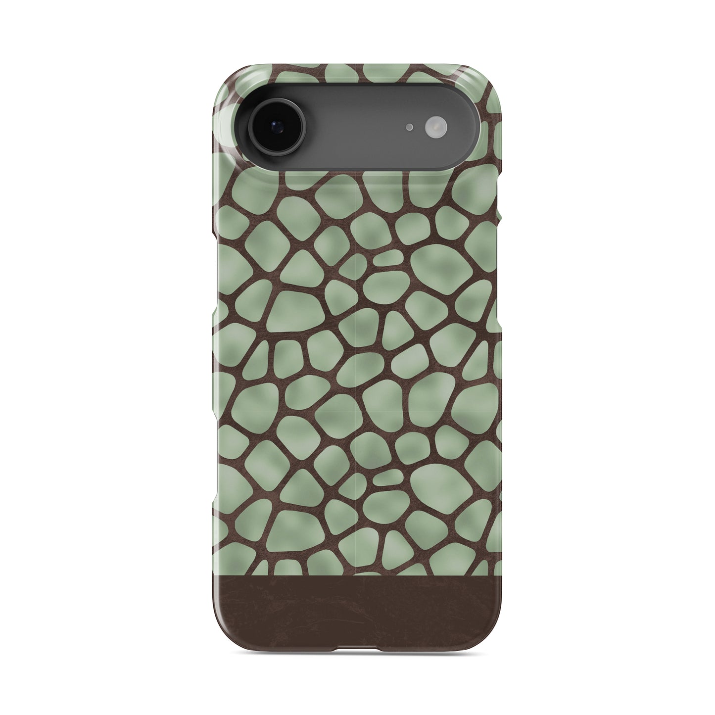 Mossy Mosaic Snap Phone Case with sage green giraffe spots outlined in chocolate brown from the Wild Atelier collection.

