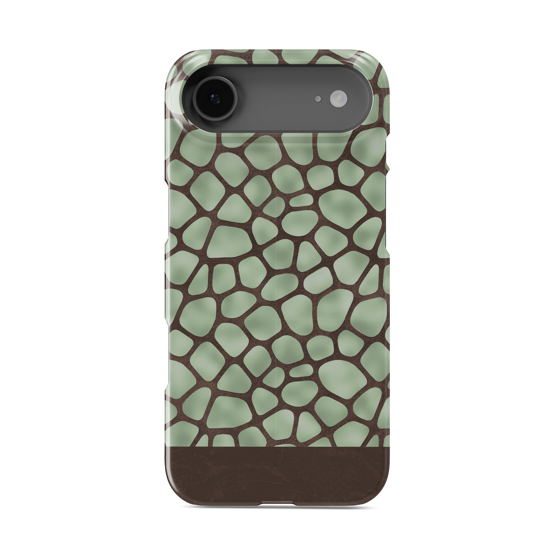 Mossy Mosaic Snap Phone Case with sage green giraffe spots outlined in chocolate brown from the Wild Atelier collection.

