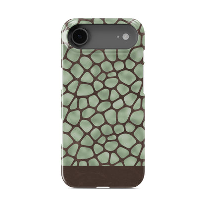 Mossy Mosaic Snap Phone Case with sage green giraffe spots outlined in chocolate brown from the Wild Atelier collection.
