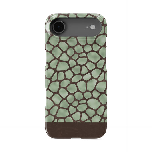 Mossy Mosaic Snap Phone Case with sage green giraffe spots outlined in chocolate brown from the Wild Atelier collection.
