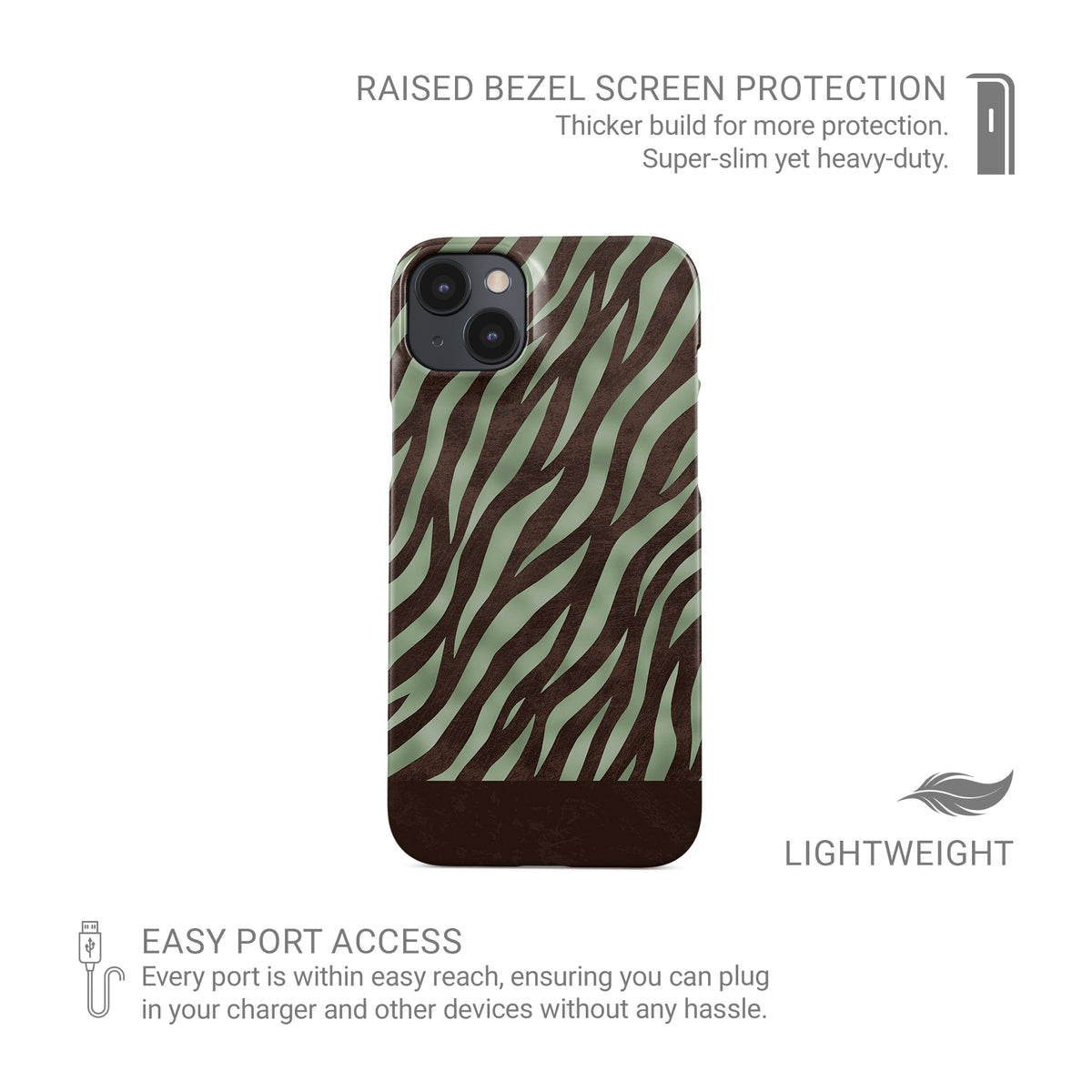 Pistachio Mane Snap Phone Case with chocolate zebra stripes on pistachio green from the Wild Atelier collection.
