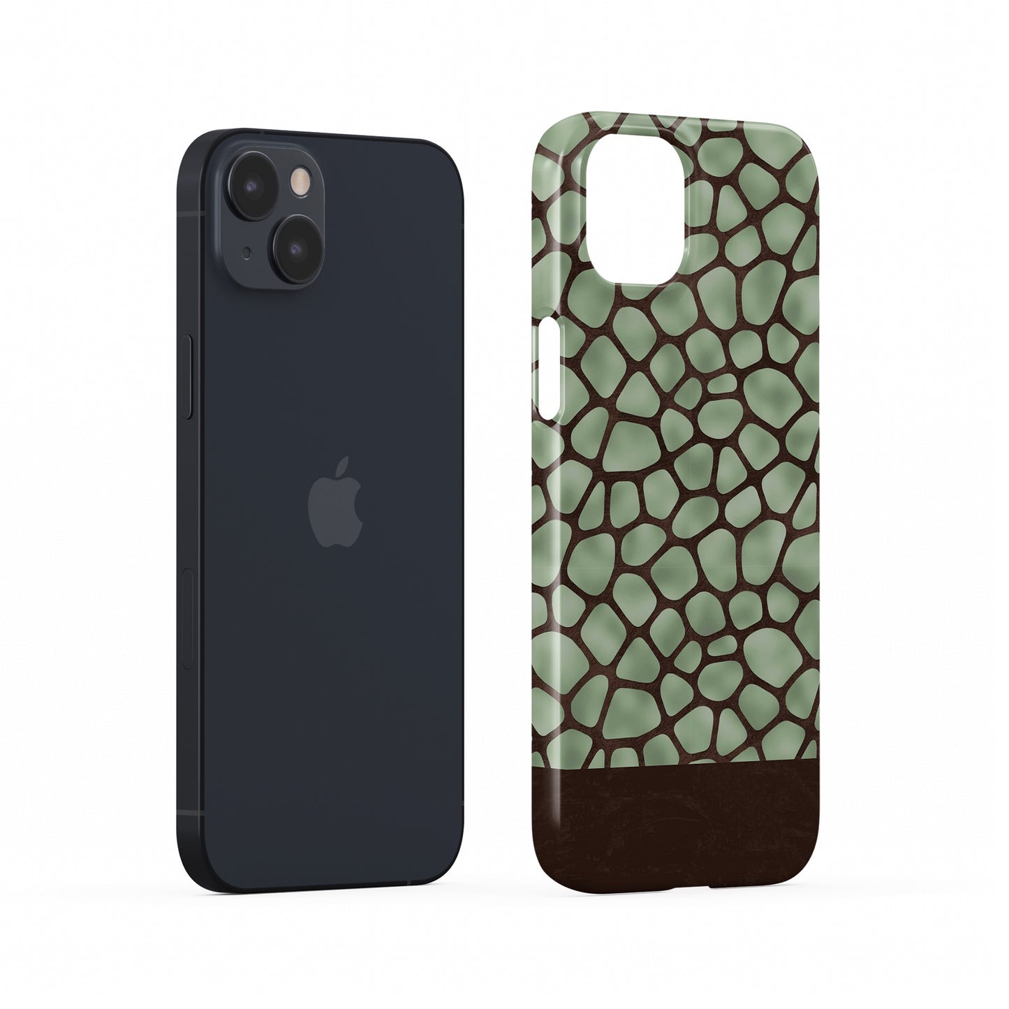 Mossy Mosaic Snap Phone Case with sage green giraffe spots outlined in chocolate brown from the Wild Atelier collection.
