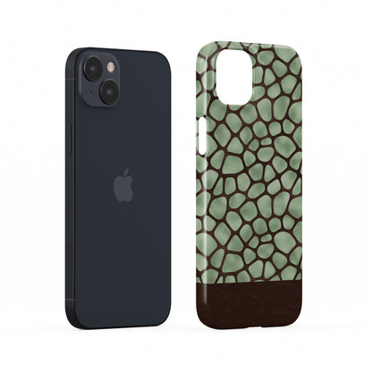 Mossy Mosaic Snap Phone Case with sage green giraffe spots outlined in chocolate brown from the Wild Atelier collection.

