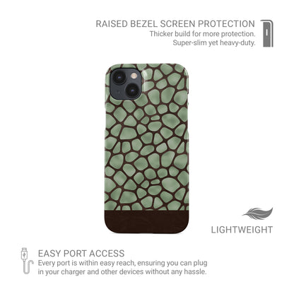Mossy Mosaic Snap Phone Case with sage green giraffe spots outlined in chocolate brown from the Wild Atelier collection.
