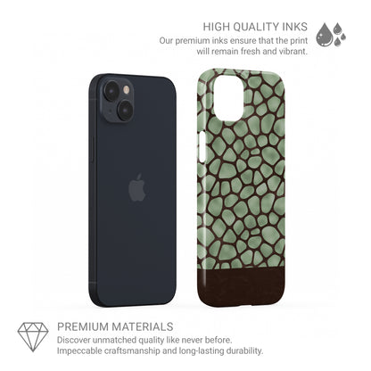 Mossy Mosaic Snap Phone Case with sage green giraffe spots outlined in chocolate brown from the Wild Atelier collection.
