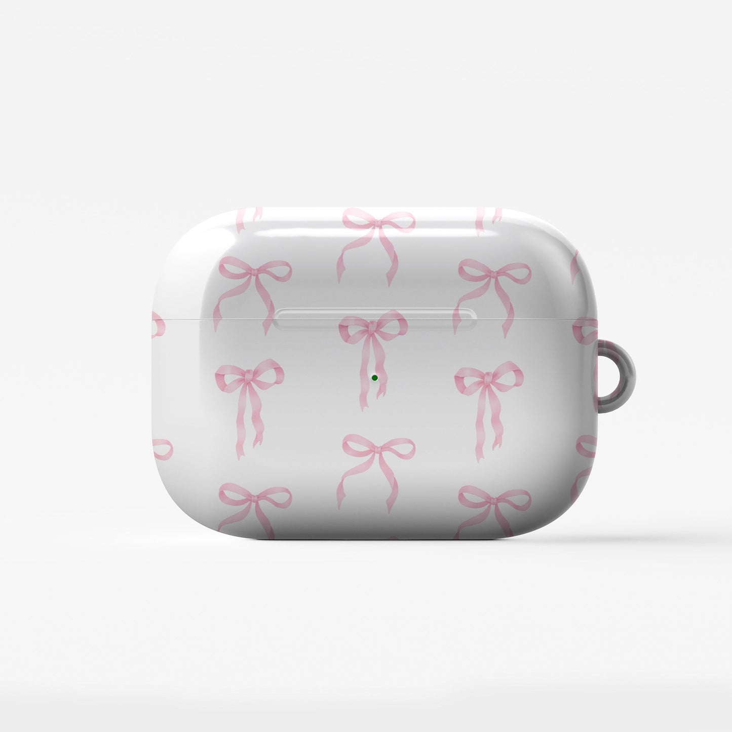 Satin Waltz AirPods Case – white base with delicate pastel pink satin bow pattern, slim durable protective cover for all AirPods models.