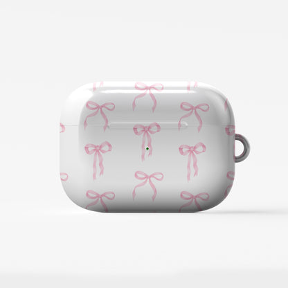 Satin Waltz AirPods Case – white base with delicate pastel pink satin bow pattern, slim durable protective cover for all AirPods models.