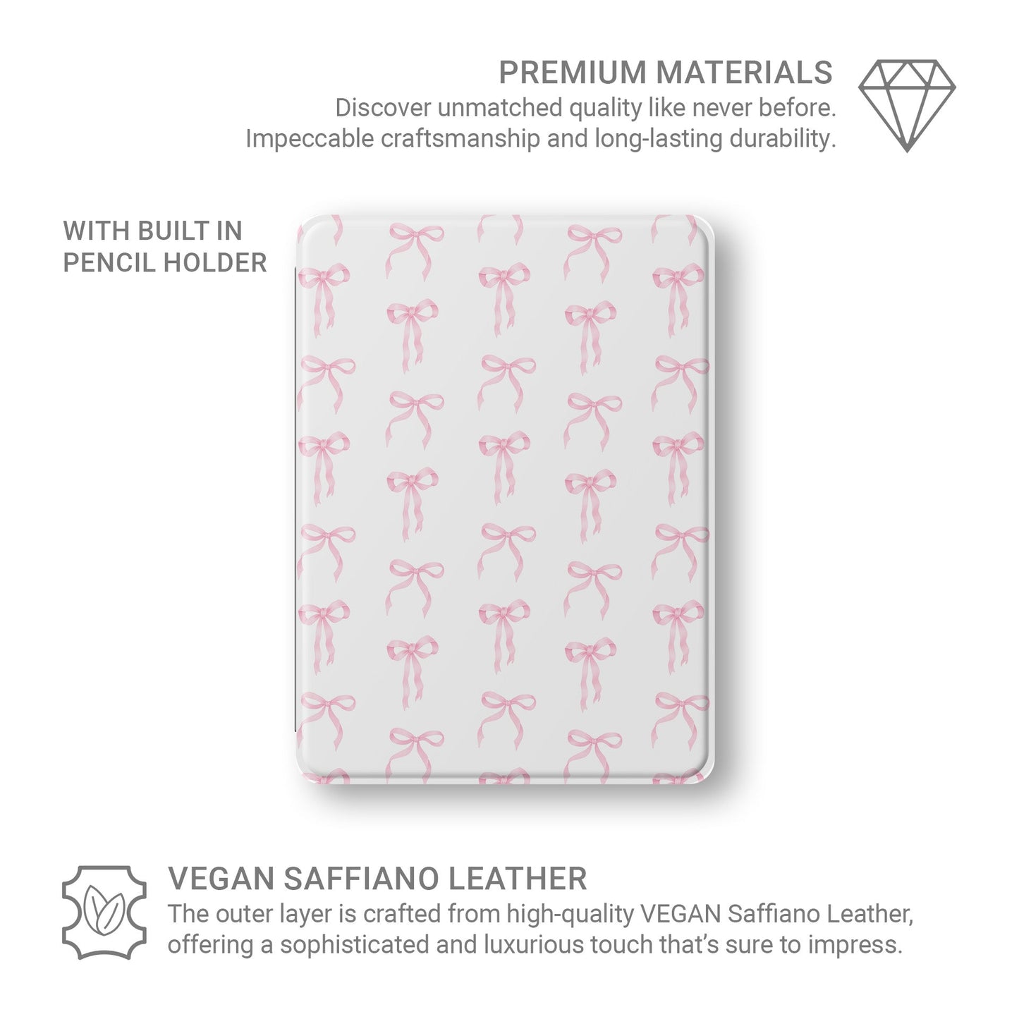 iPad case with Apple Pencil holder in blush pink bow design
